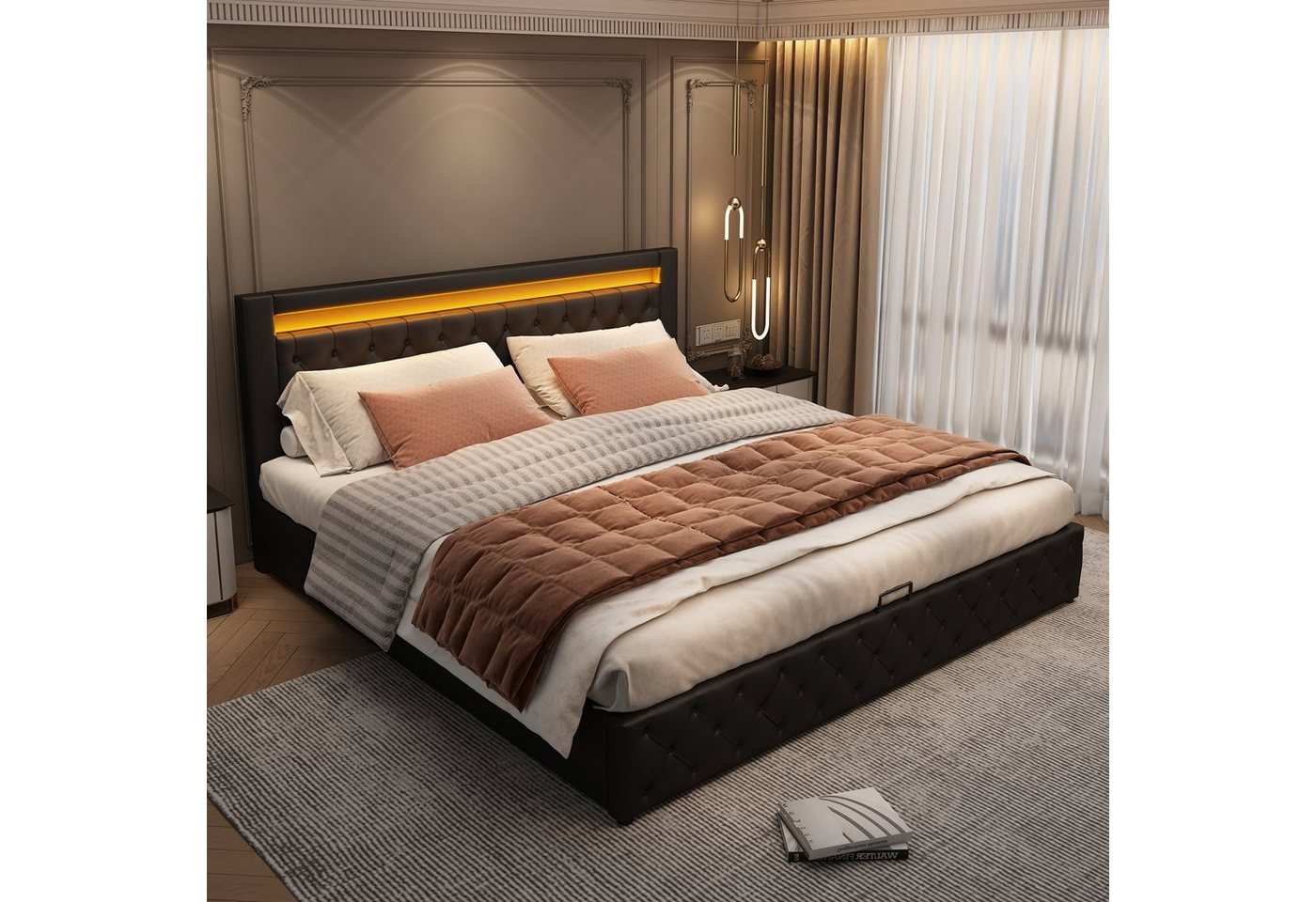 Flieks Polsterbett, LED-Beleuchtung Kunstleder Doppelbett Stauraum 140x200cm – Bild 2 von 5