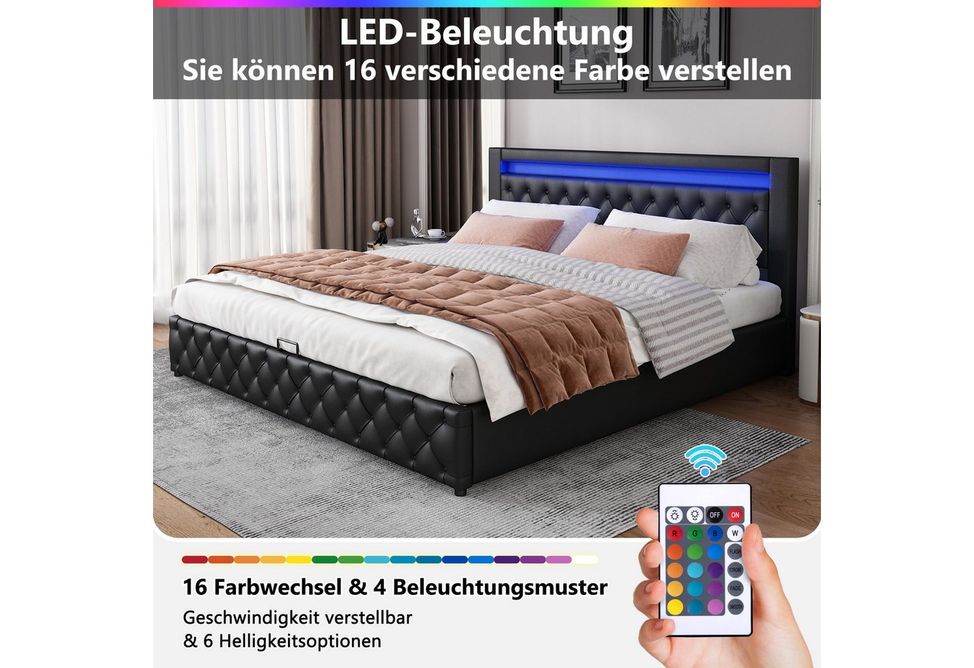 Flieks Polsterbett, LED-Beleuchtung Kunstleder Doppelbett Stauraum 140x200cm – Bild 3 von 5