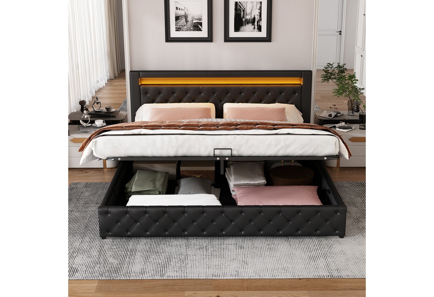 Flieks Polsterbett, LED-Beleuchtung Kunstleder Doppelbett Stauraum 140x200cm – Bild 4 von 5