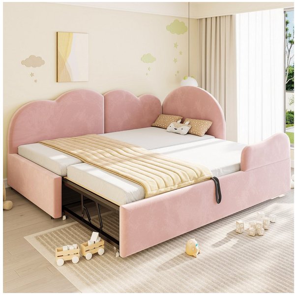 Flieks Polsterbett, L-Form Daybett 90/180x200cm mit Ausziehbett und Kopfteil in Wolkenform