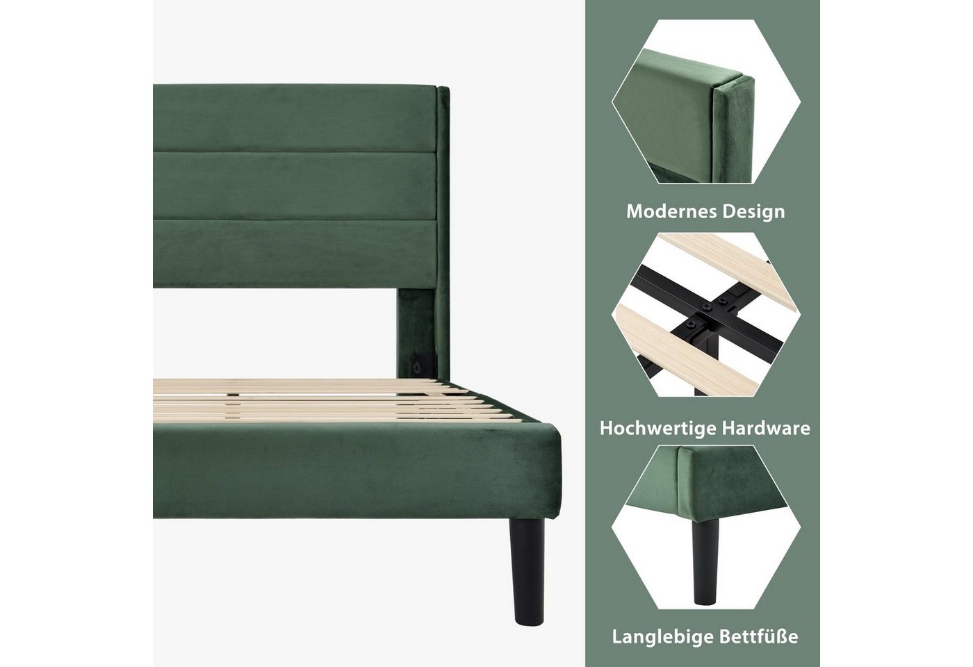 Flieks Polsterbett, Holzbett Einzelbett mit Lattenrost Samt 90x200cm – Bild 3 von 5