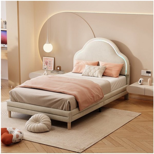 Flieks Polsterbett, LED Beleuchtung Kinderbett Einzelbett mit Wolkenform Kopfteil 90x200cm