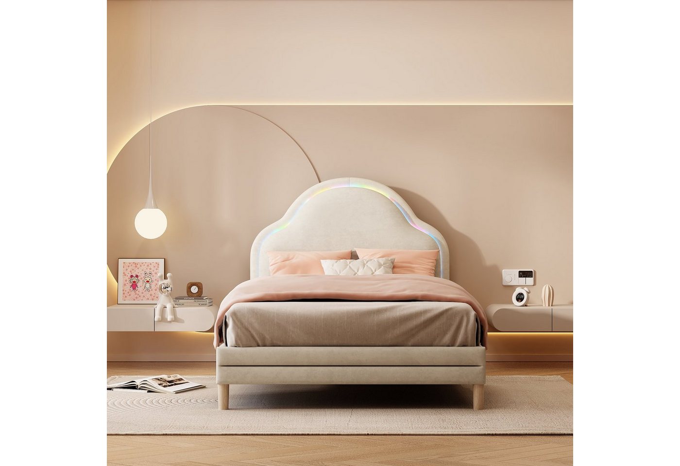 Flieks Polsterbett, LED Beleuchtung Kinderbett Einzelbett mit Wolkenform Kopfteil 90x200cm – Bild 2 von 5