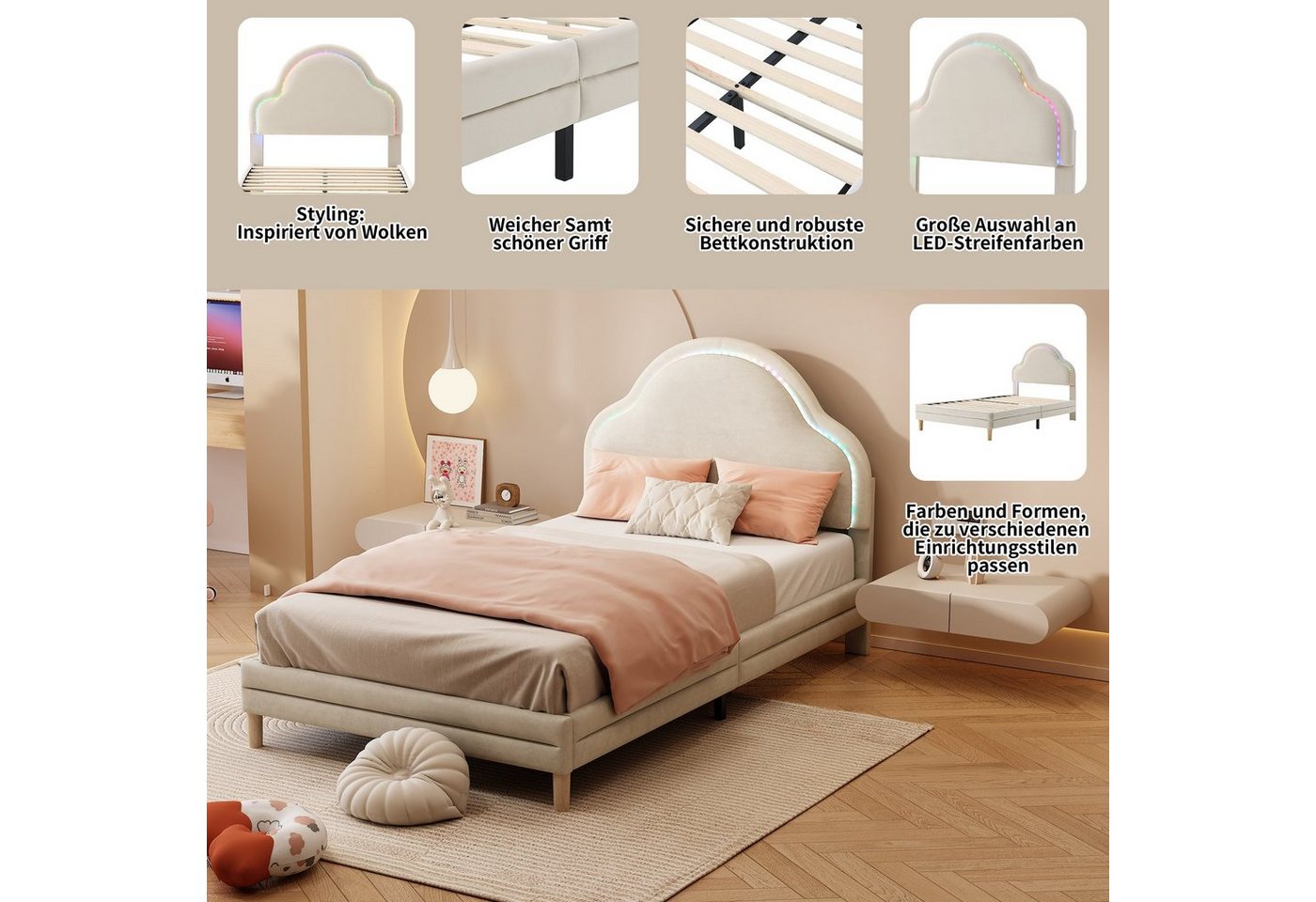 Flieks Polsterbett, LED Beleuchtung Kinderbett Einzelbett mit Wolkenform Kopfteil 90x200cm – Bild 3 von 5