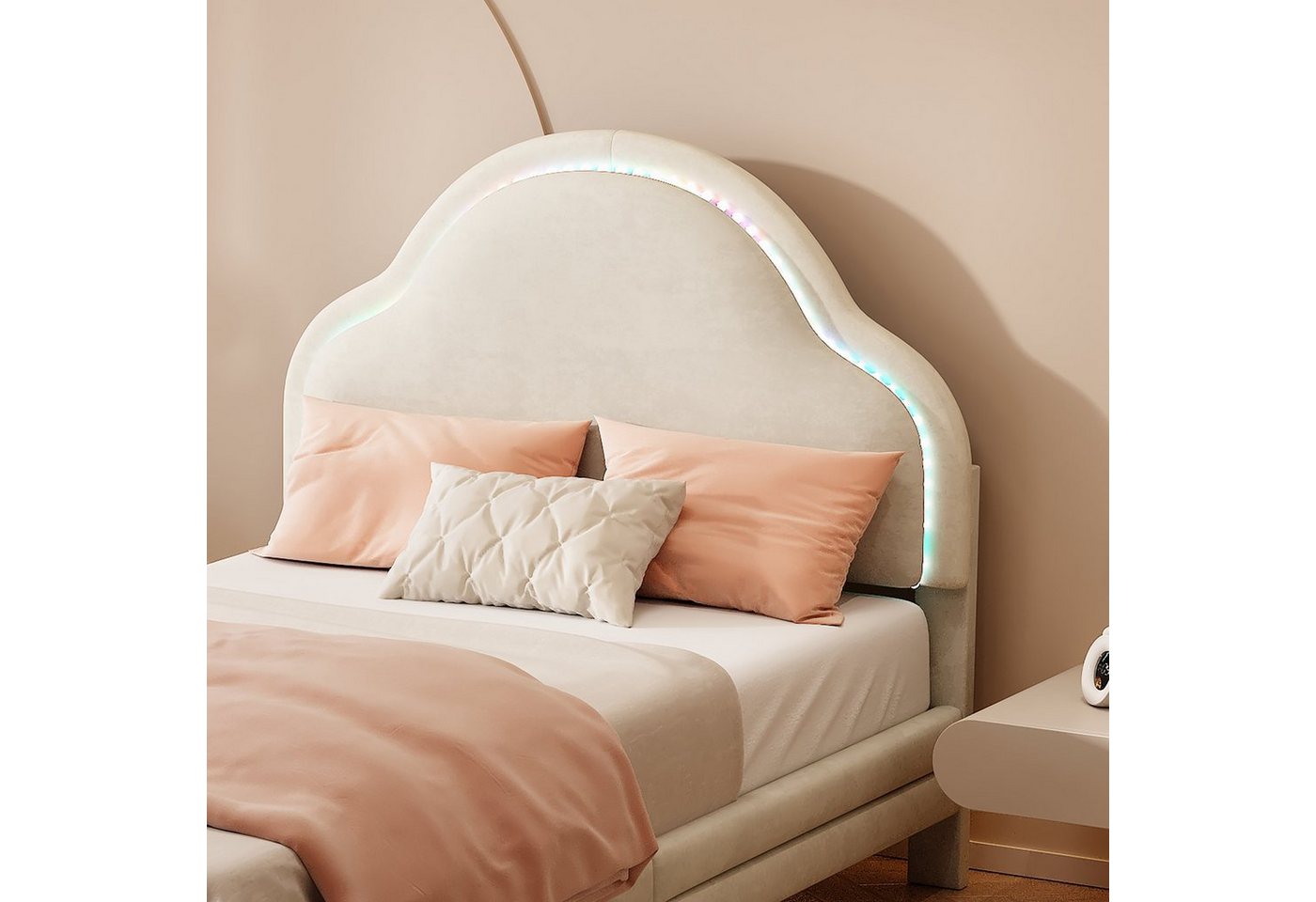 Flieks Polsterbett, LED Beleuchtung Kinderbett Einzelbett mit Wolkenform Kopfteil 90x200cm – Bild 4 von 5