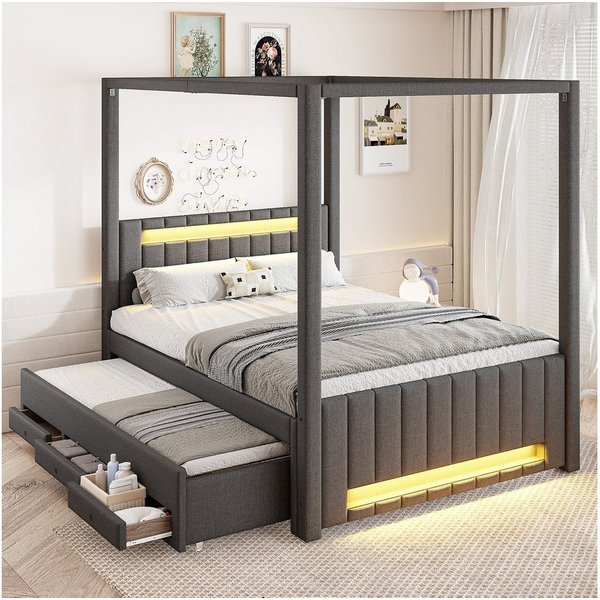 Flieks Polsterbett, Himmelbett 140x200cm mit Ausziehbett 90x190cm 3 Schubladen LED-Leiste