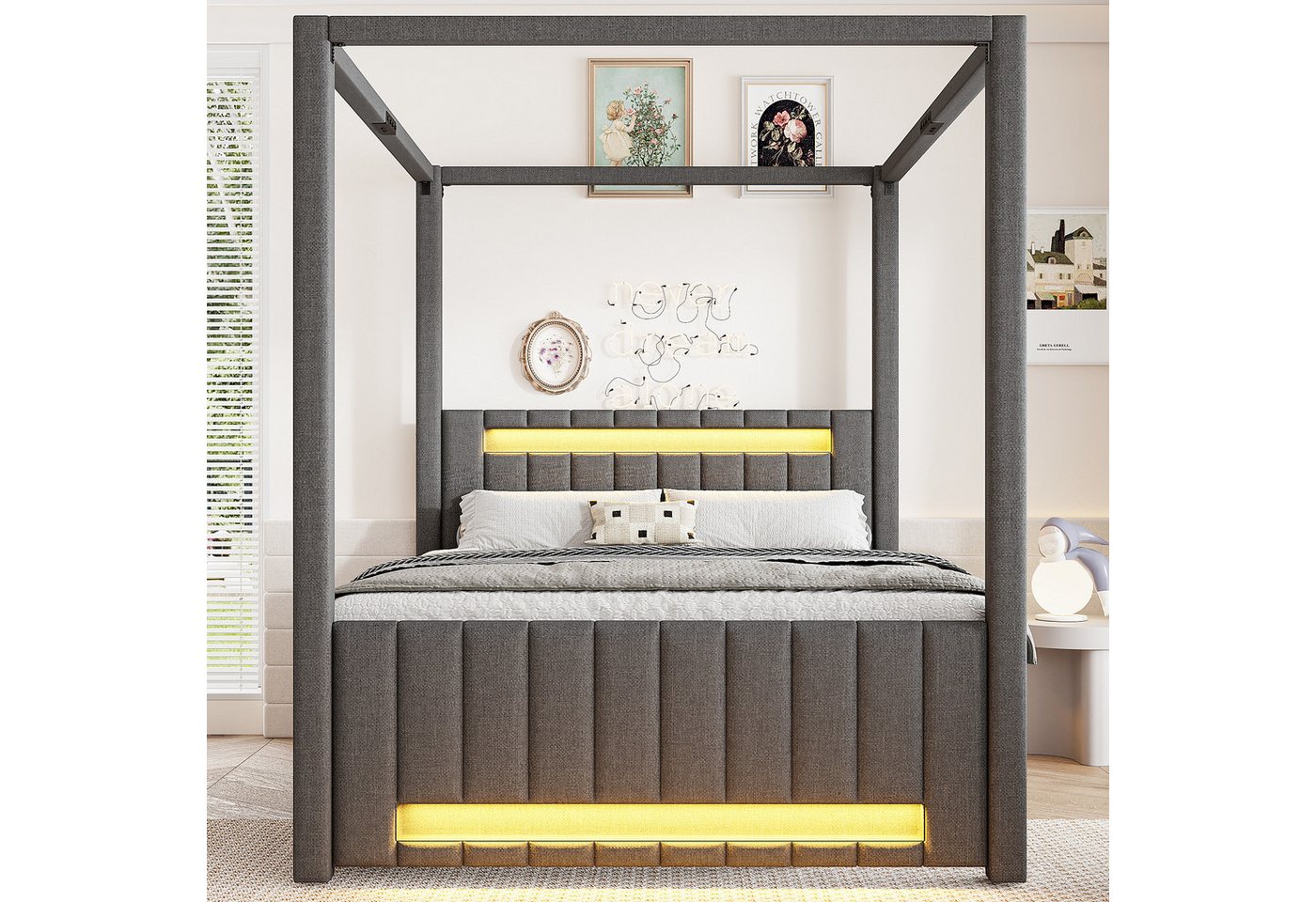 Flieks Polsterbett, Himmelbett 140x200cm mit Ausziehbett 90x190cm 3 Schubladen LED-Leiste – Bild 3 von 5
