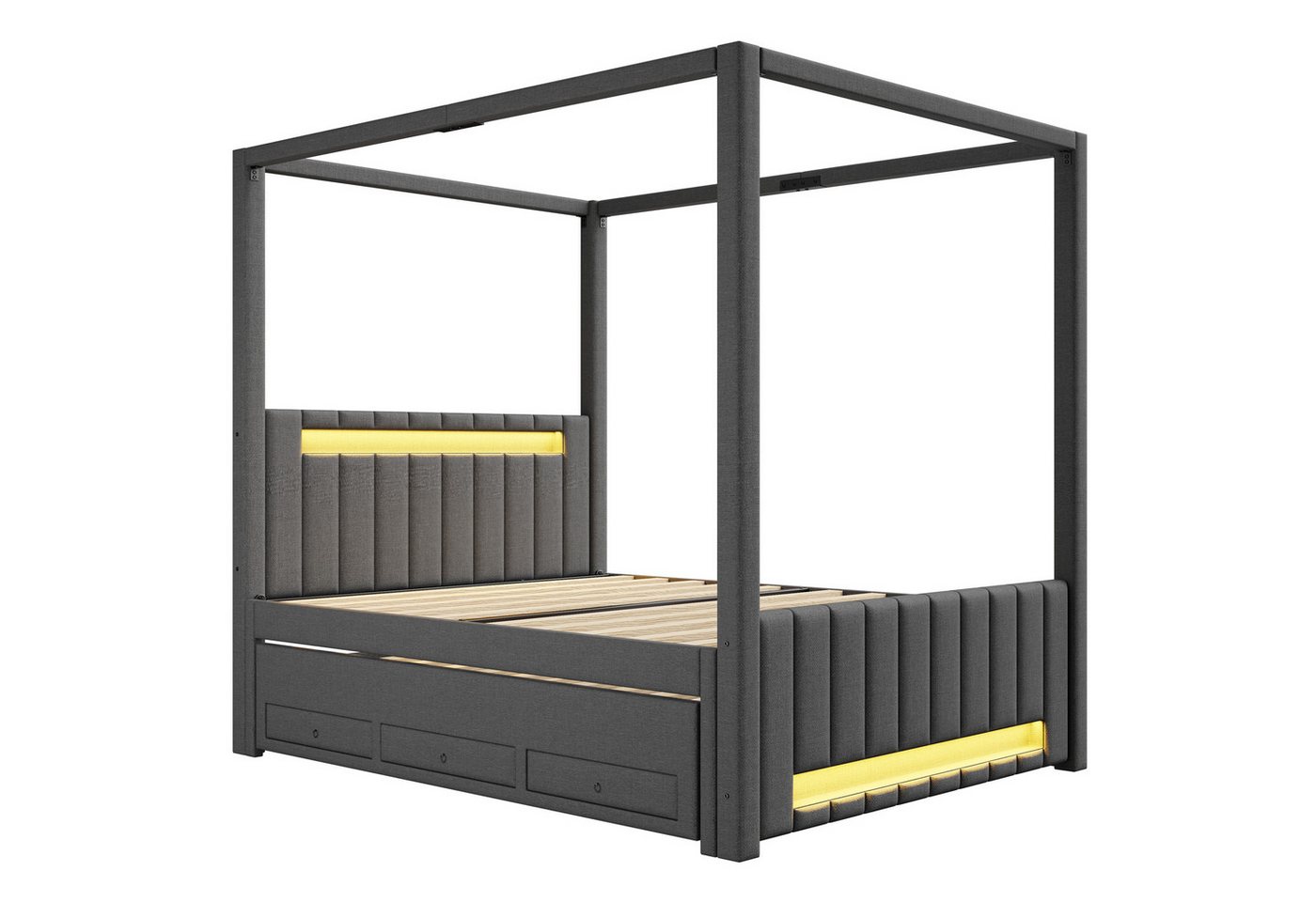Flieks Polsterbett, Himmelbett 140x200cm mit Ausziehbett 90x190cm 3 Schubladen LED-Leiste – Bild 5 von 5