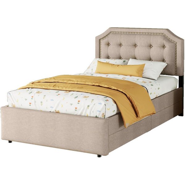 Flieks Polsterbett, Einzelbett 90x200cm mit 2 Schubladen und höhenstellbarem Kopfteil