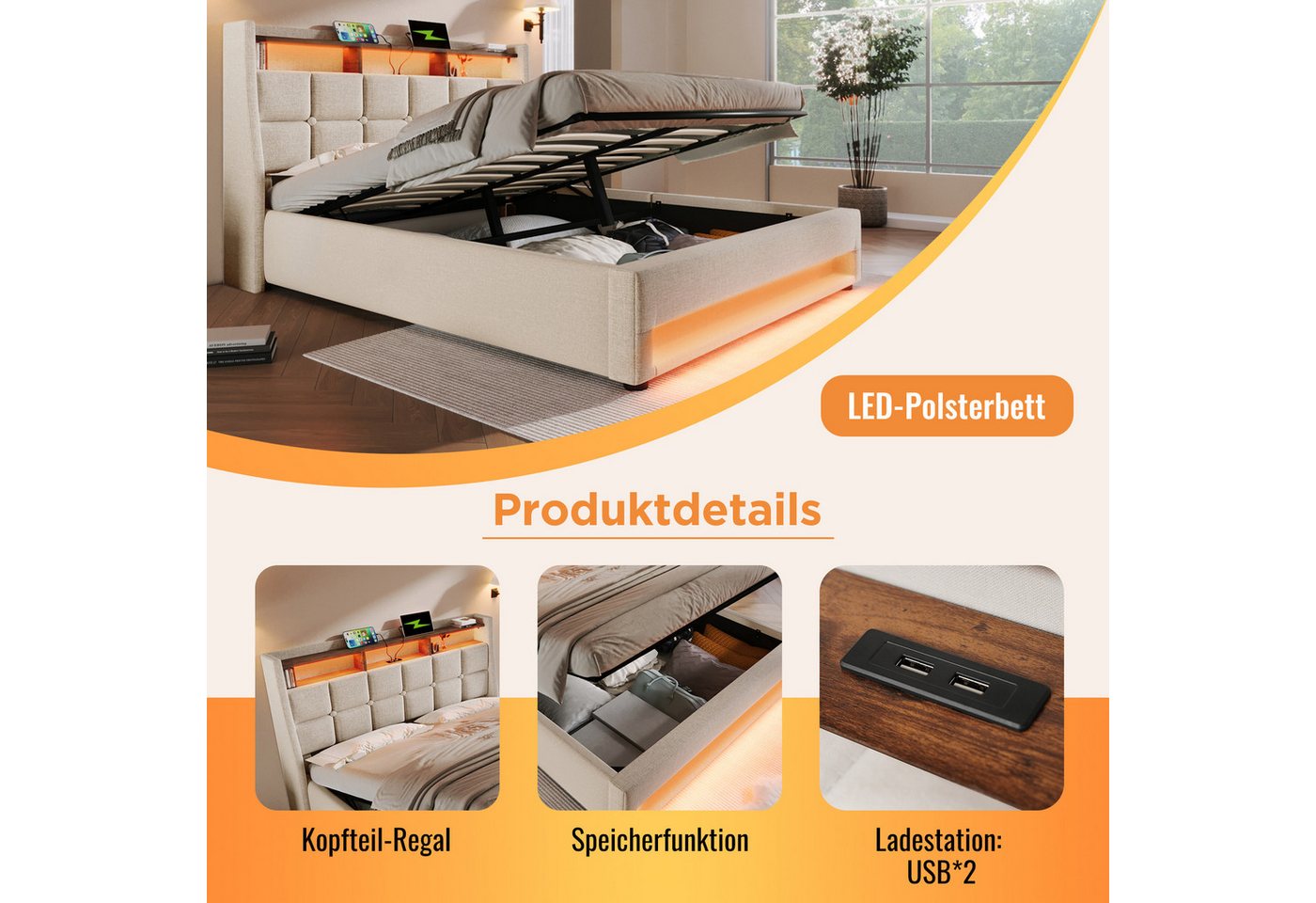 Flieks Polsterbett, LED Hydraulisches Stauraumbett Doppelbett 140x200cm mit Ladefunktion – Bild 5 von 5