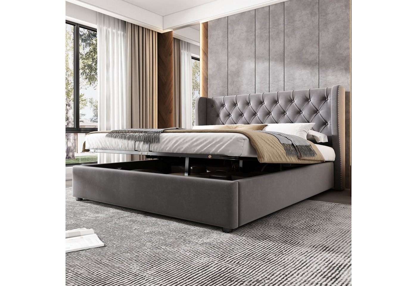 Flieks Polsterbett, Doppelbett Kiefernholz mit Stauraum Flanell 140*200cm – Bild 2 von 5