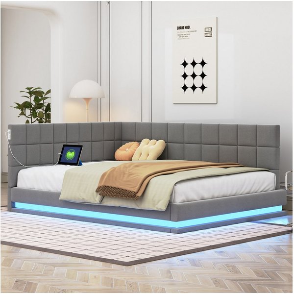 Flieks Polsterbett, Leinen Daybett Tagesbett Schlafsofa 140x200cm mit LED und USB Aufladen