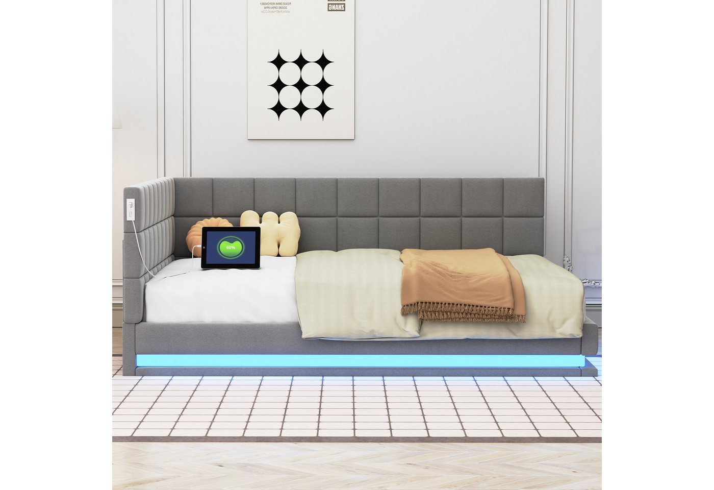 Flieks Polsterbett, Leinen Daybett Tagesbett Schlafsofa 140x200cm mit LED und USB Aufladen – Bild 2 von 5