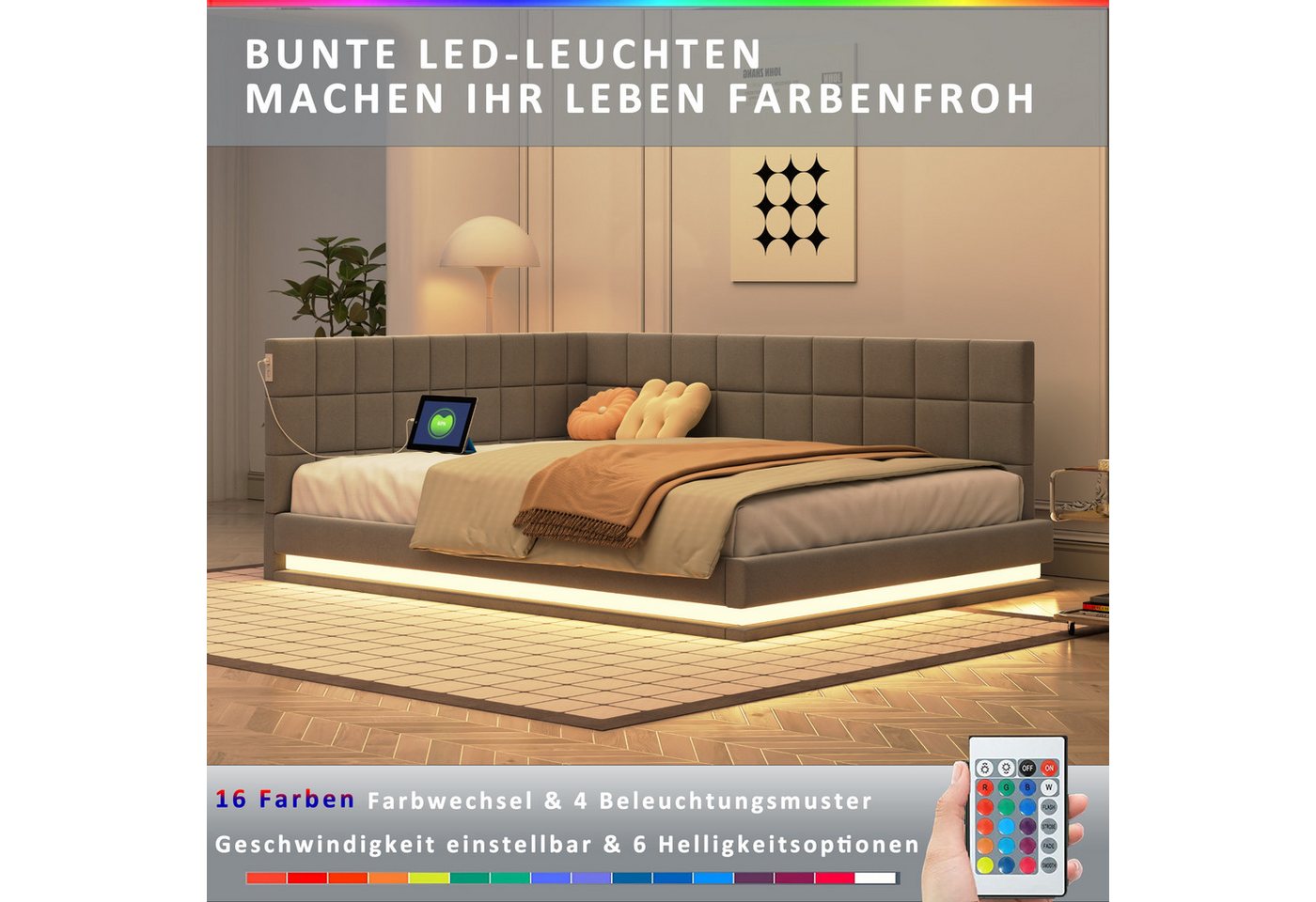 Flieks Polsterbett, Leinen Daybett Tagesbett Schlafsofa 140x200cm mit LED und USB Aufladen – Bild 3 von 5