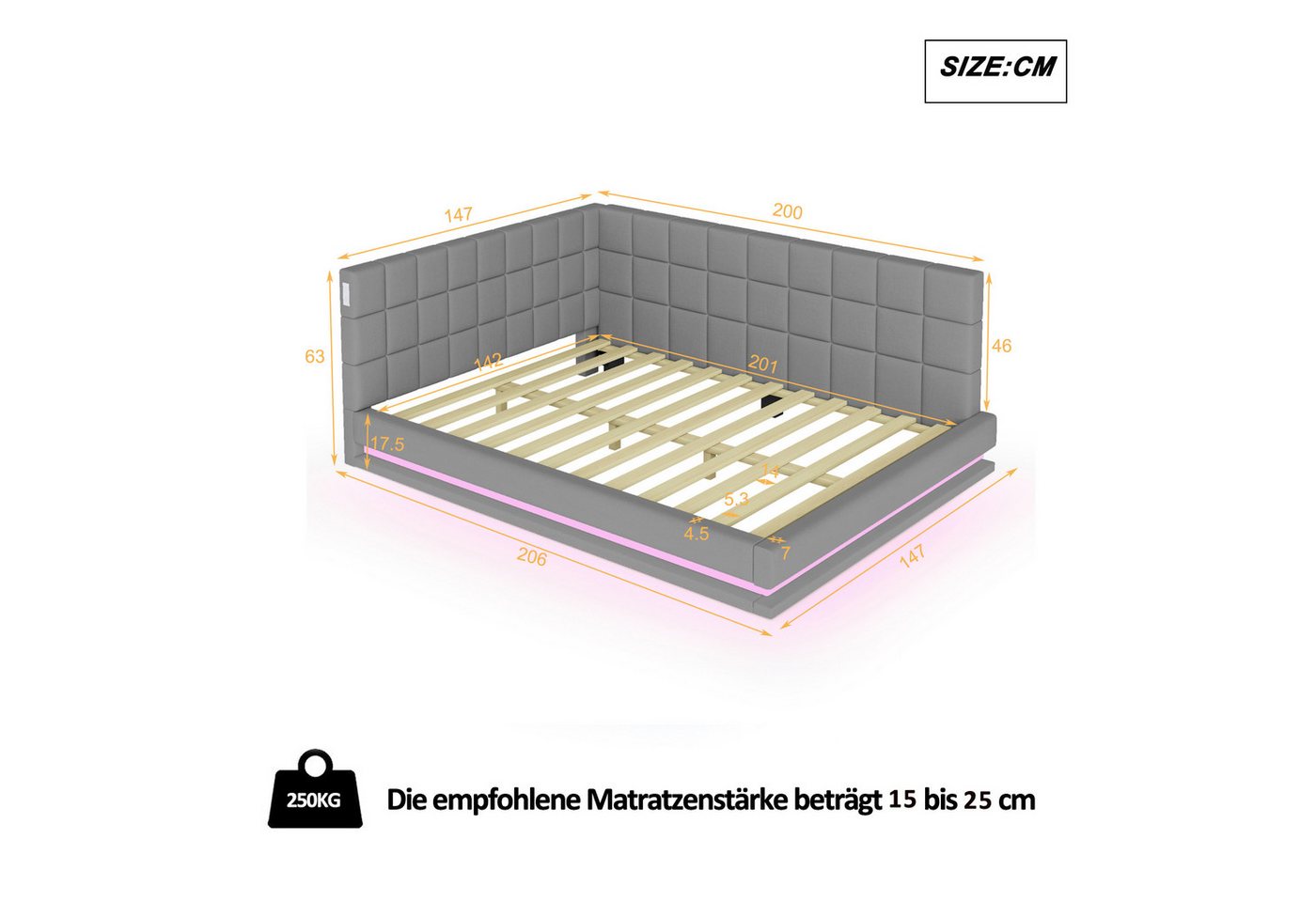 Flieks Polsterbett, Leinen Daybett Tagesbett Schlafsofa 140x200cm mit LED und USB Aufladen – Bild 4 von 5