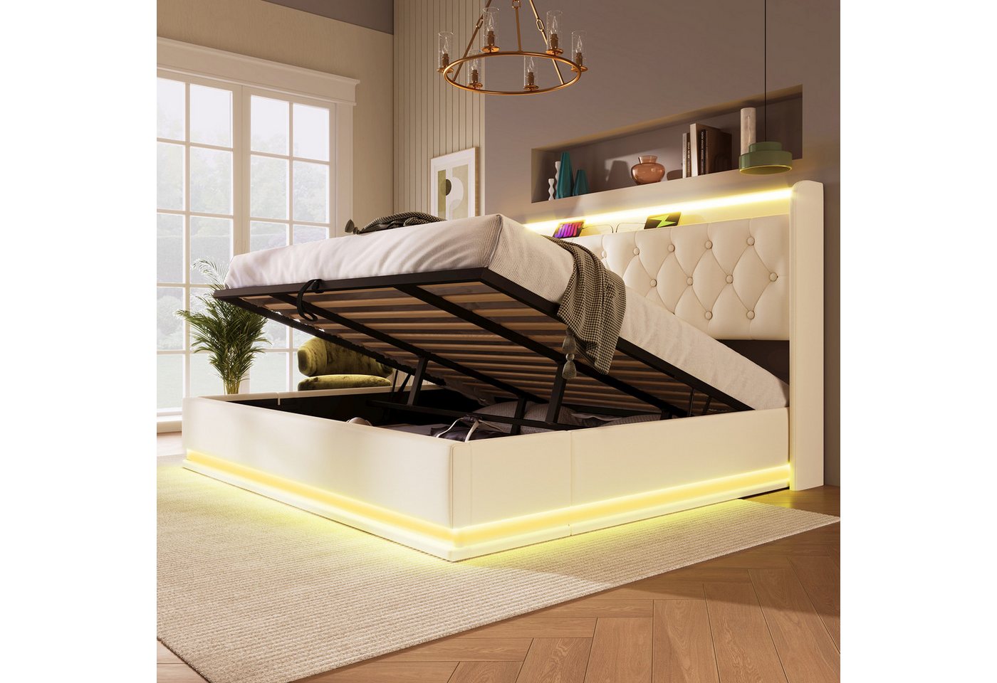 Flieks Polsterbett, LED Hydraulisches Stauraumbett Doppelbett 180x200cm mit Ladefunktion – Bild 2 von 5