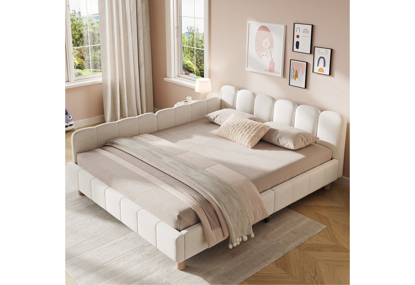 Flieks Polsterbett, Kinderbett Doppelbett 140x200cm mit Polsterkopfteil und Rausfallschutz – Bild 2 von 5