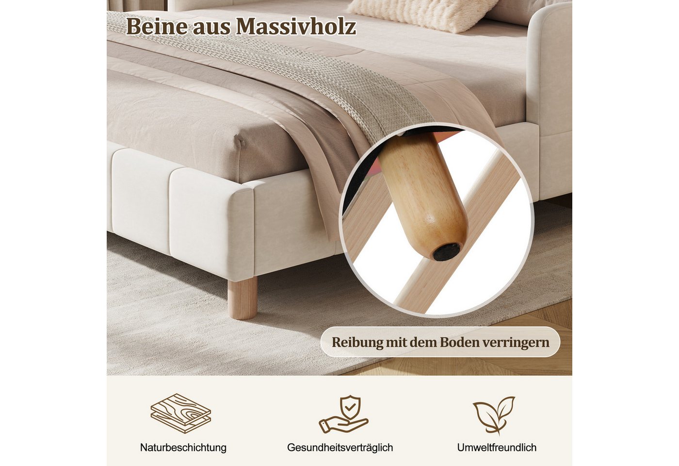 Flieks Polsterbett, Kinderbett Doppelbett 140x200cm mit Polsterkopfteil und Rausfallschutz – Bild 3 von 5