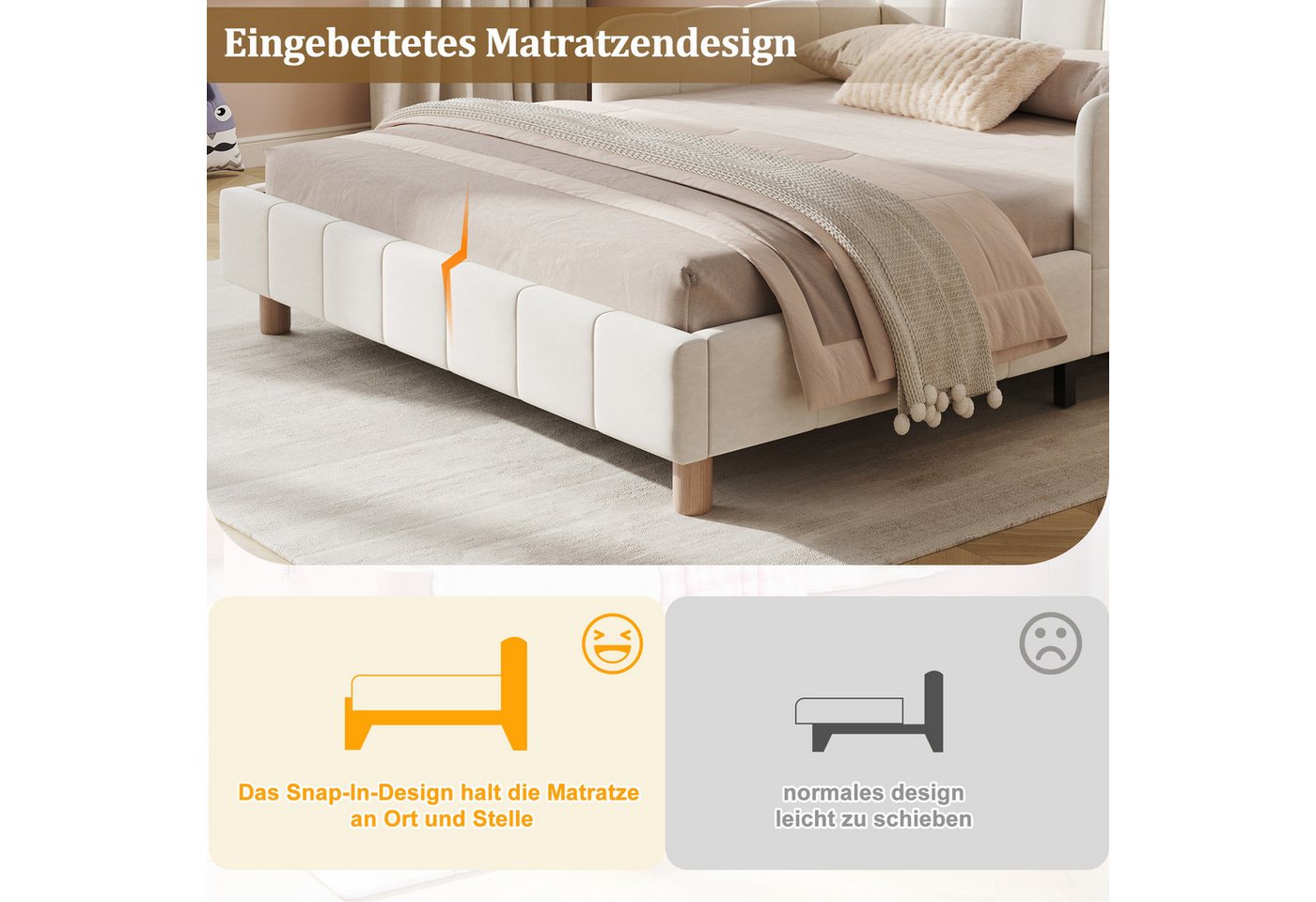 Flieks Polsterbett, Kinderbett Doppelbett 140x200cm mit Polsterkopfteil und Rausfallschutz – Bild 4 von 5