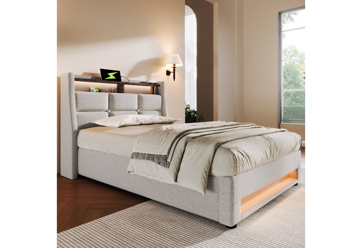 Flieks Polsterbett, Baumwolle-Leinen Bezug Stauraumbett mit USB-Anschluss und LED 90x200cm – Bild 2 von 5