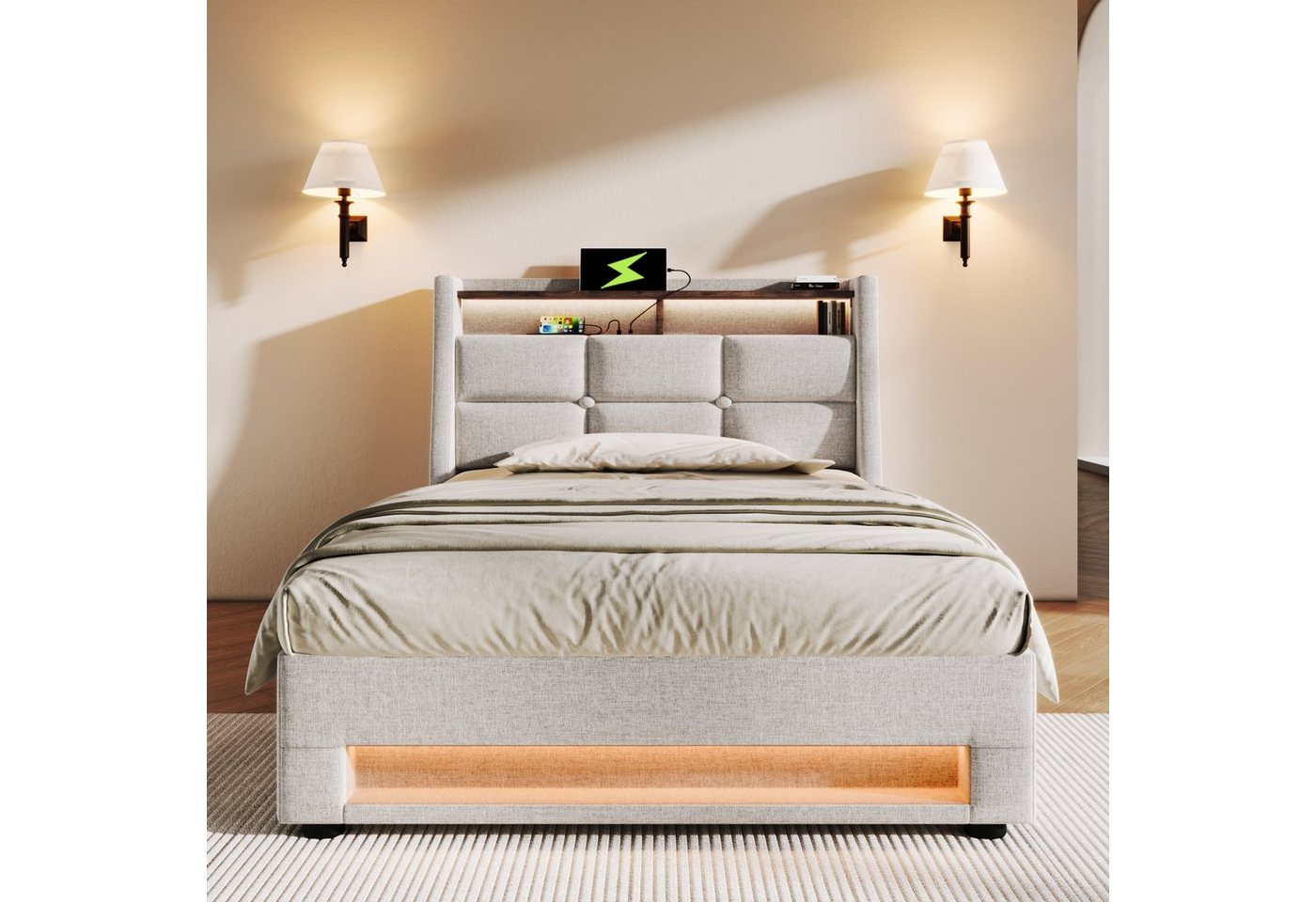 Flieks Polsterbett, Baumwolle-Leinen Bezug Stauraumbett mit USB-Anschluss und LED 90x200cm – Bild 3 von 5