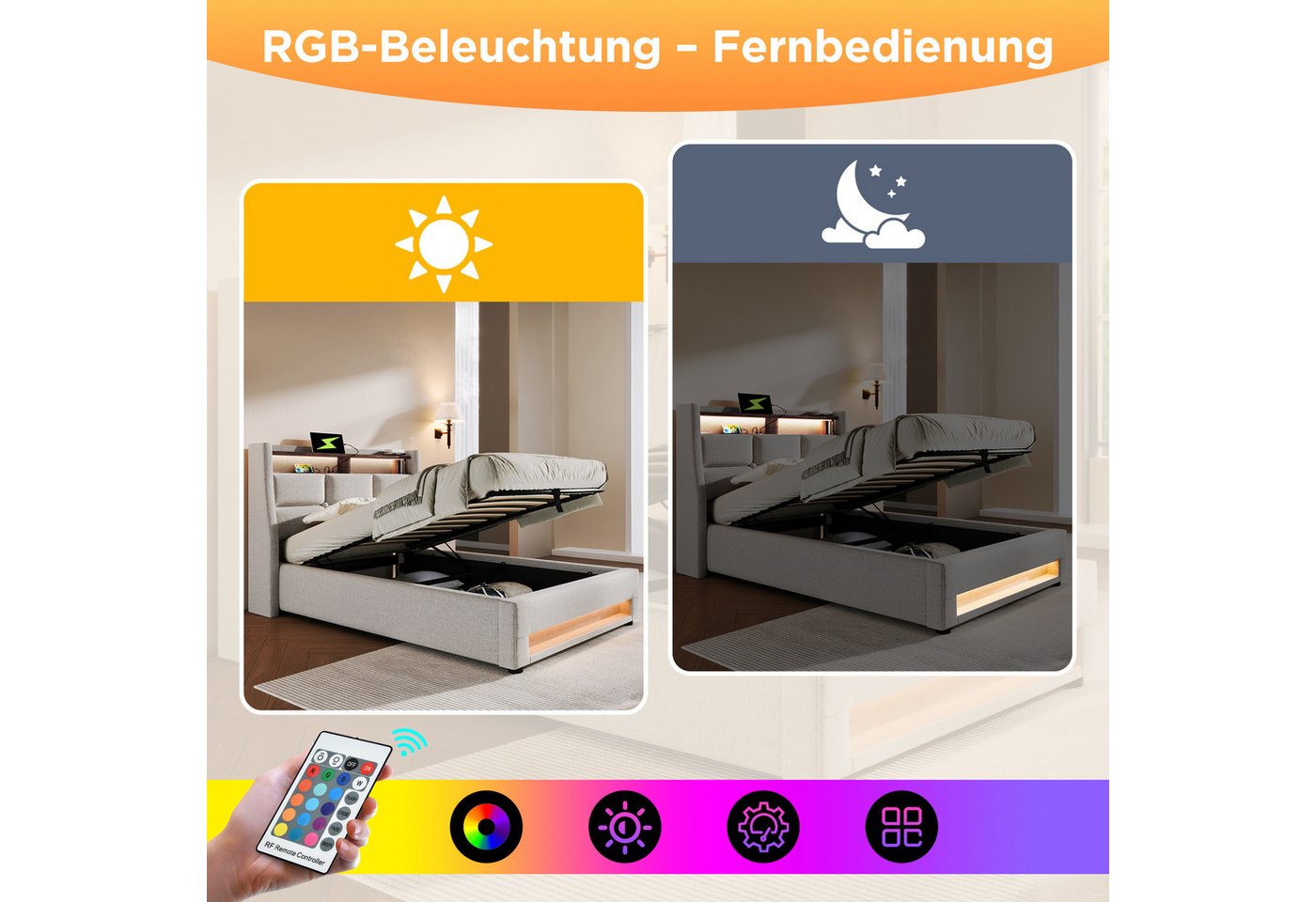 Flieks Polsterbett, Baumwolle-Leinen Bezug Stauraumbett mit USB-Anschluss und LED 90x200cm – Bild 4 von 5