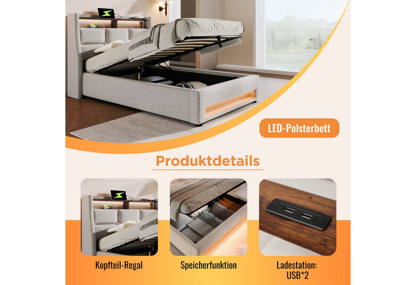Flieks Polsterbett, Baumwolle-Leinen Bezug Stauraumbett mit USB-Anschluss und LED 90x200cm – Bild 5 von 5