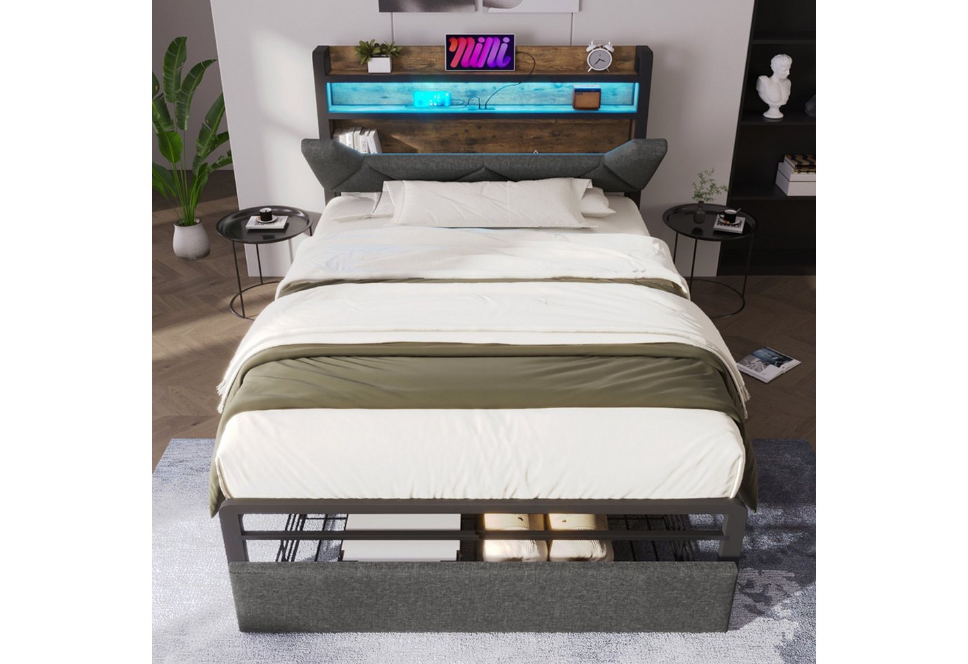 Flieks Polsterbett, LED Einzelbett mit Ladefunktion, Stauraumkopfteil, Schublade 90x200cm – Bild 2 von 5