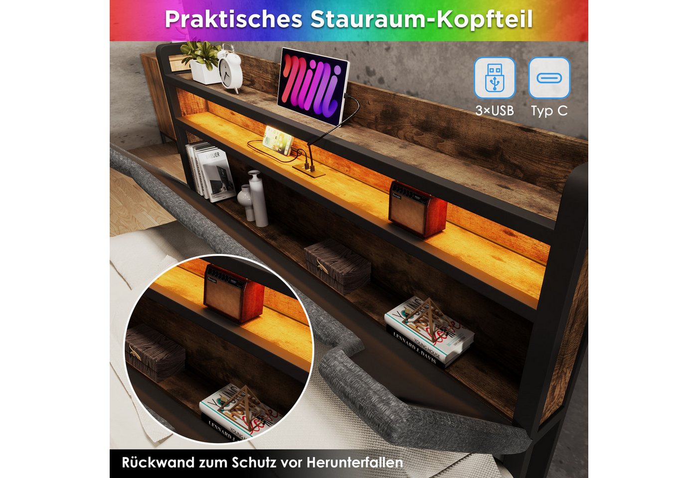 Flieks Polsterbett, LED Einzelbett mit Ladefunktion, Stauraumkopfteil, Schublade 90x200cm – Bild 3 von 5
