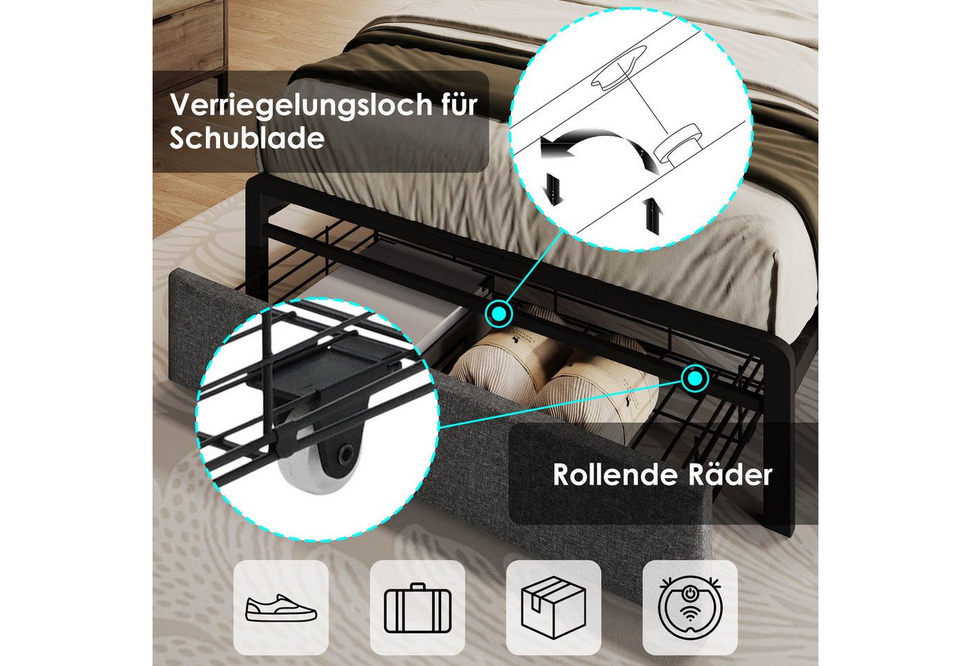 Flieks Polsterbett, LED Einzelbett mit Ladefunktion, Stauraumkopfteil, Schublade 90x200cm – Bild 4 von 5