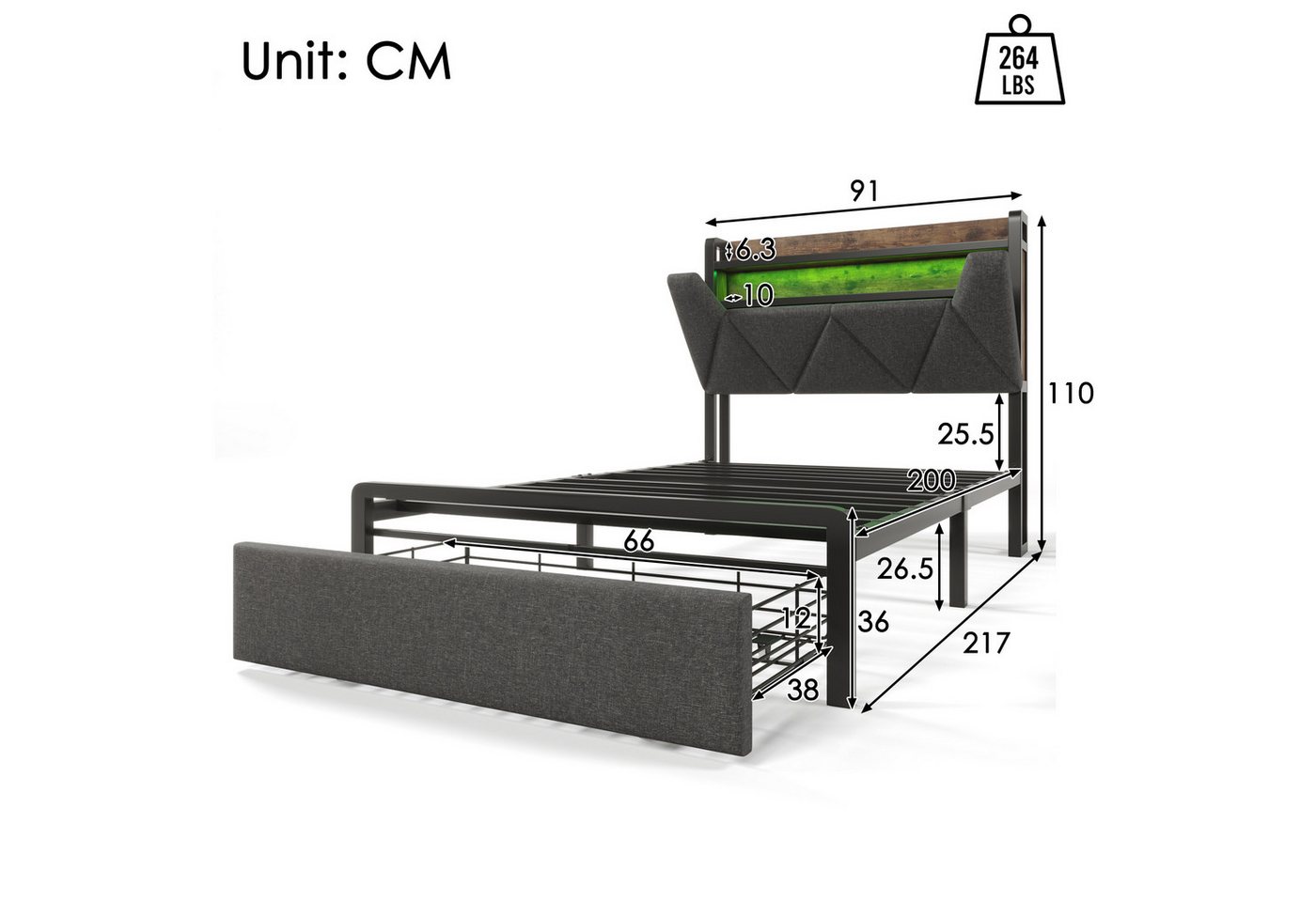 Flieks Polsterbett, LED Einzelbett mit Ladefunktion, Stauraumkopfteil, Schublade 90x200cm – Bild 5 von 5