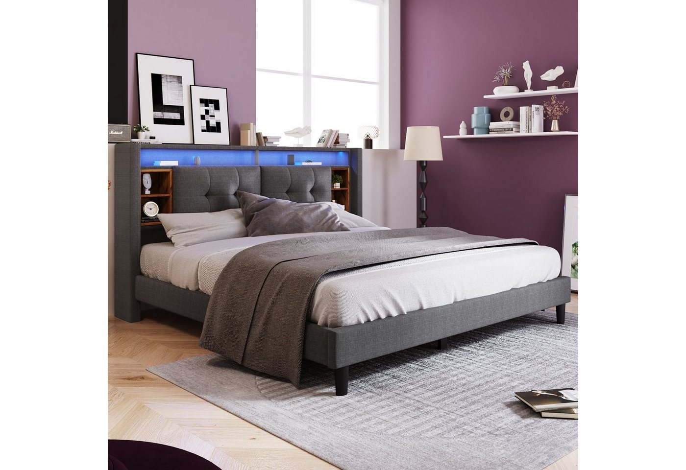 Flieks Polsterbett, LED-Beleuchtung Doppelbett mit Steckdose 160x200cm Leinen – Bild 2 von 5