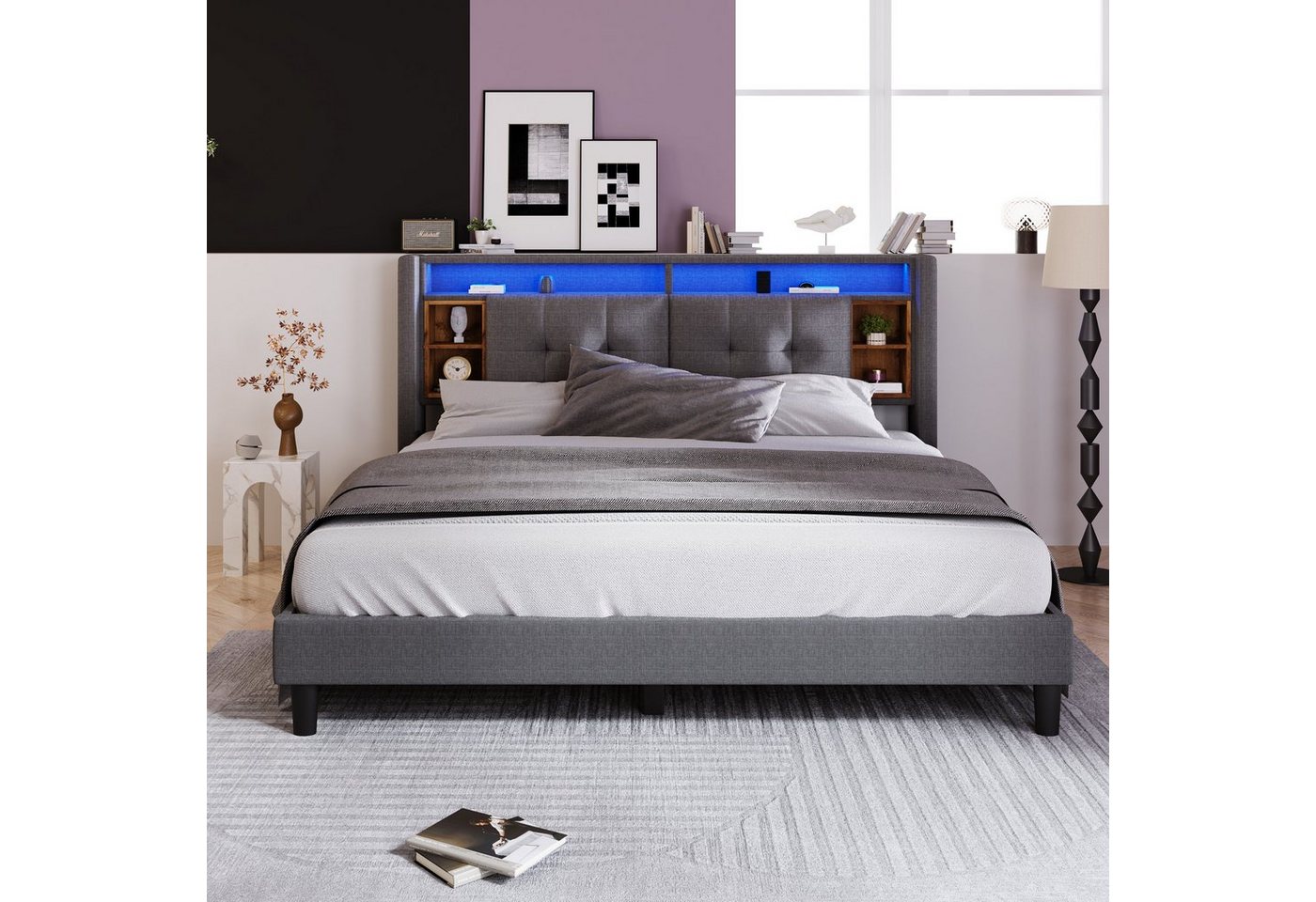 Flieks Polsterbett, LED-Beleuchtung Doppelbett mit Steckdose 160x200cm Leinen – Bild 3 von 5