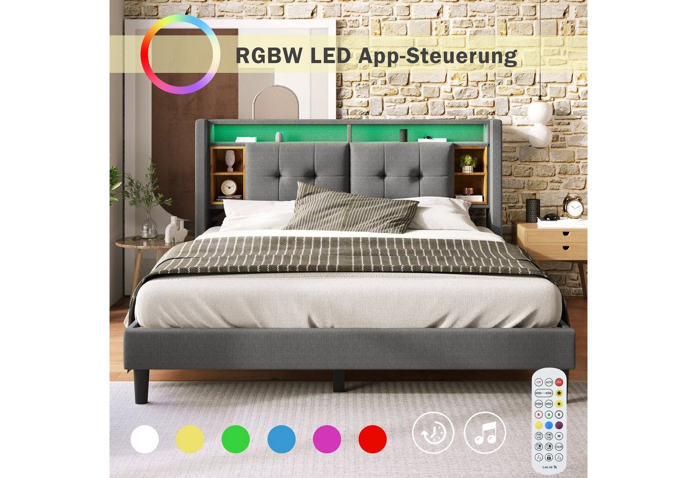 Flieks Polsterbett, LED-Beleuchtung Doppelbett mit Steckdose 160x200cm Leinen – Bild 5 von 5