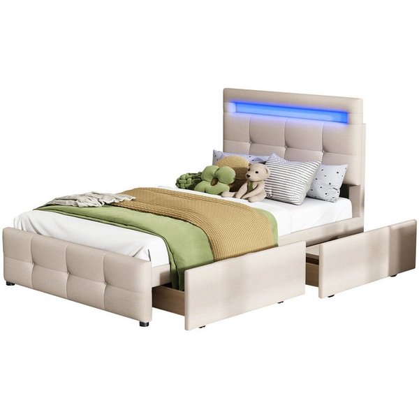 Flieks Polsterbett, LED Beleuchtung Einzelbett 2 Schubladen Leinen 90*200cm