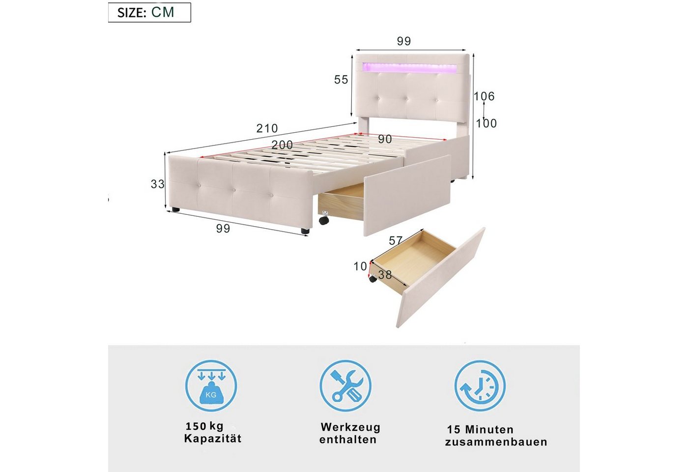 Flieks Polsterbett, LED Beleuchtung Einzelbett 2 Schubladen Leinen 90*200cm – Bild 4 von 5