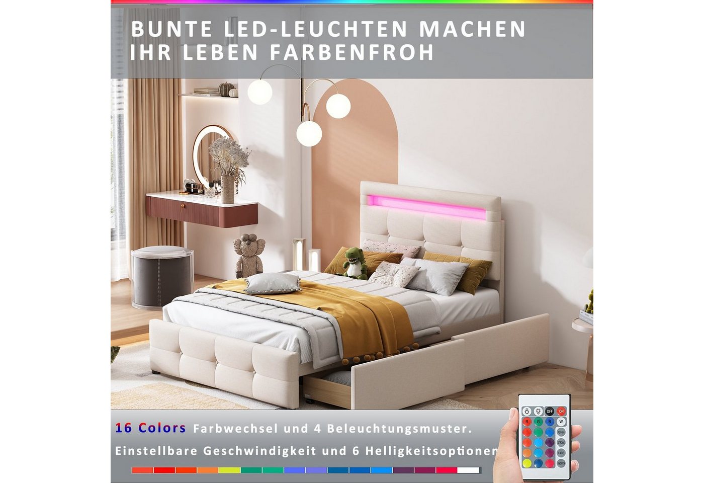 Flieks Polsterbett, LED Beleuchtung Einzelbett 2 Schubladen Leinen 90*200cm – Bild 5 von 5