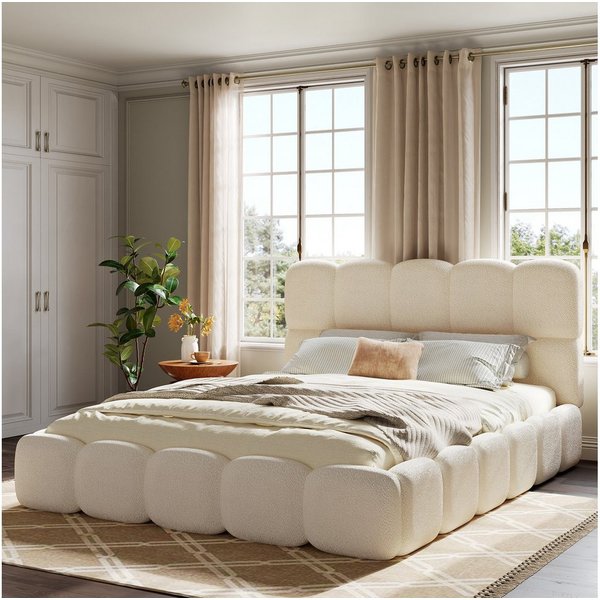 Flieks Polsterbett, Doppelbett 160x200cm mit Lattenrost und gepolstertes Kopfteil, Bouclé