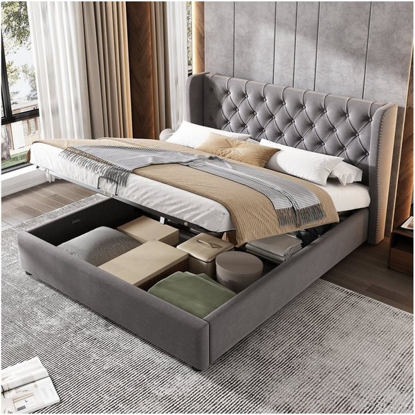 Flieks Polsterbett, Staumraumbett Doppelbett Kiefernholz Flanell 140*200cm