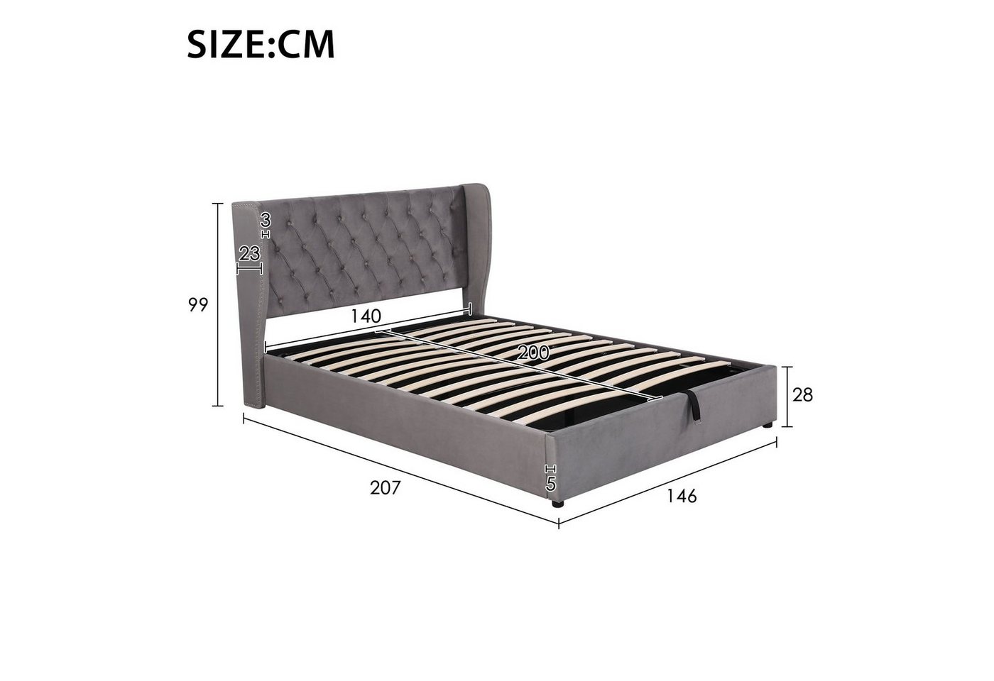 Flieks Polsterbett, Staumraumbett Doppelbett Kiefernholz Flanell 140*200cm – Bild 3 von 5
