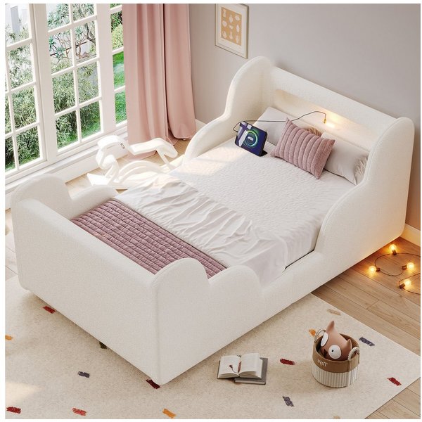 Flieks Polsterbett, Kinderbett 90x200cm mit Schutzgeländer, Nachtlicht, USB-Ladeanschluss