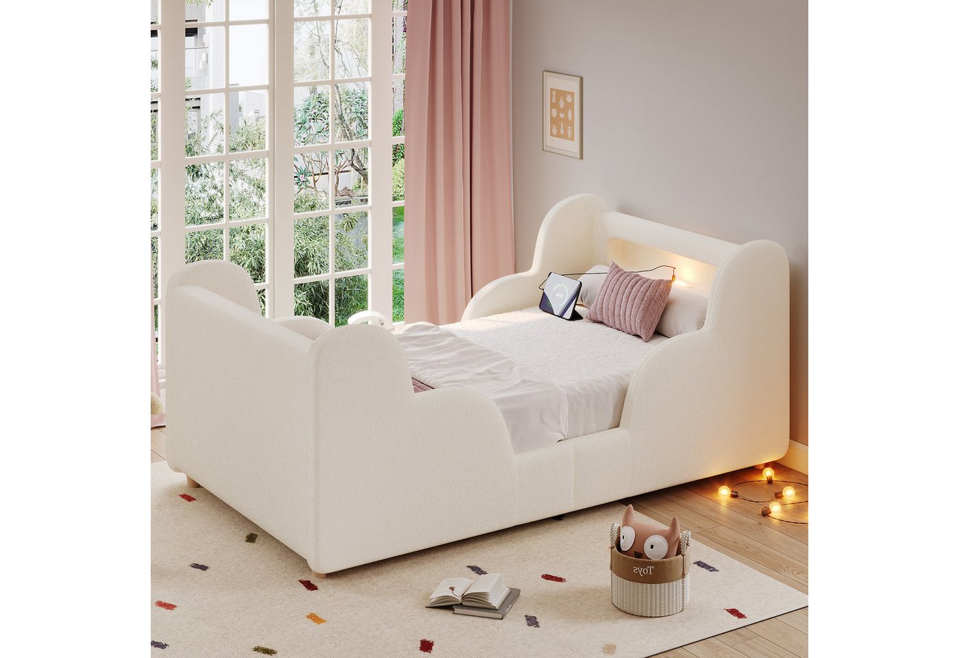Flieks Polsterbett, Kinderbett 90x200cm mit Schutzgeländer, Nachtlicht, USB-Ladeanschluss – Bild 2 von 5