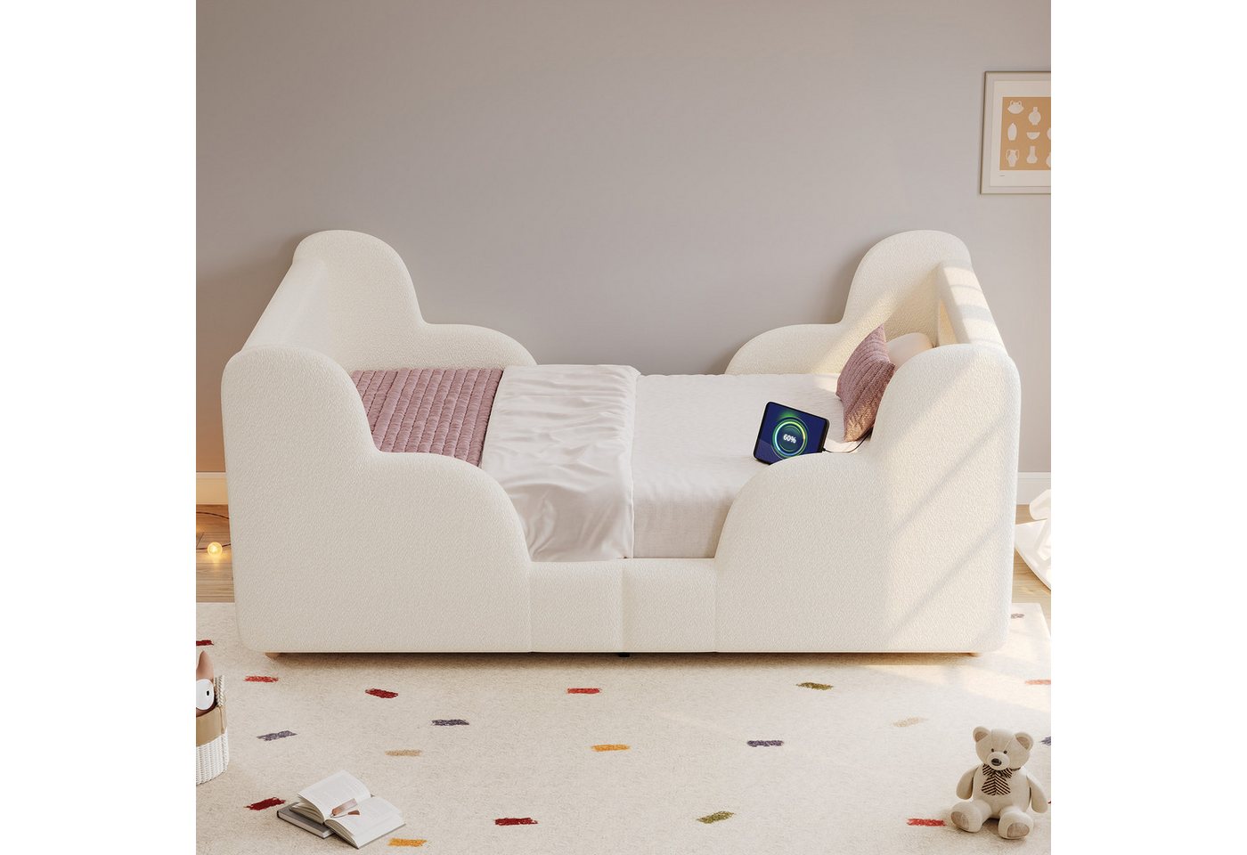 Flieks Polsterbett, Kinderbett 90x200cm mit Schutzgeländer, Nachtlicht, USB-Ladeanschluss – Bild 3 von 5