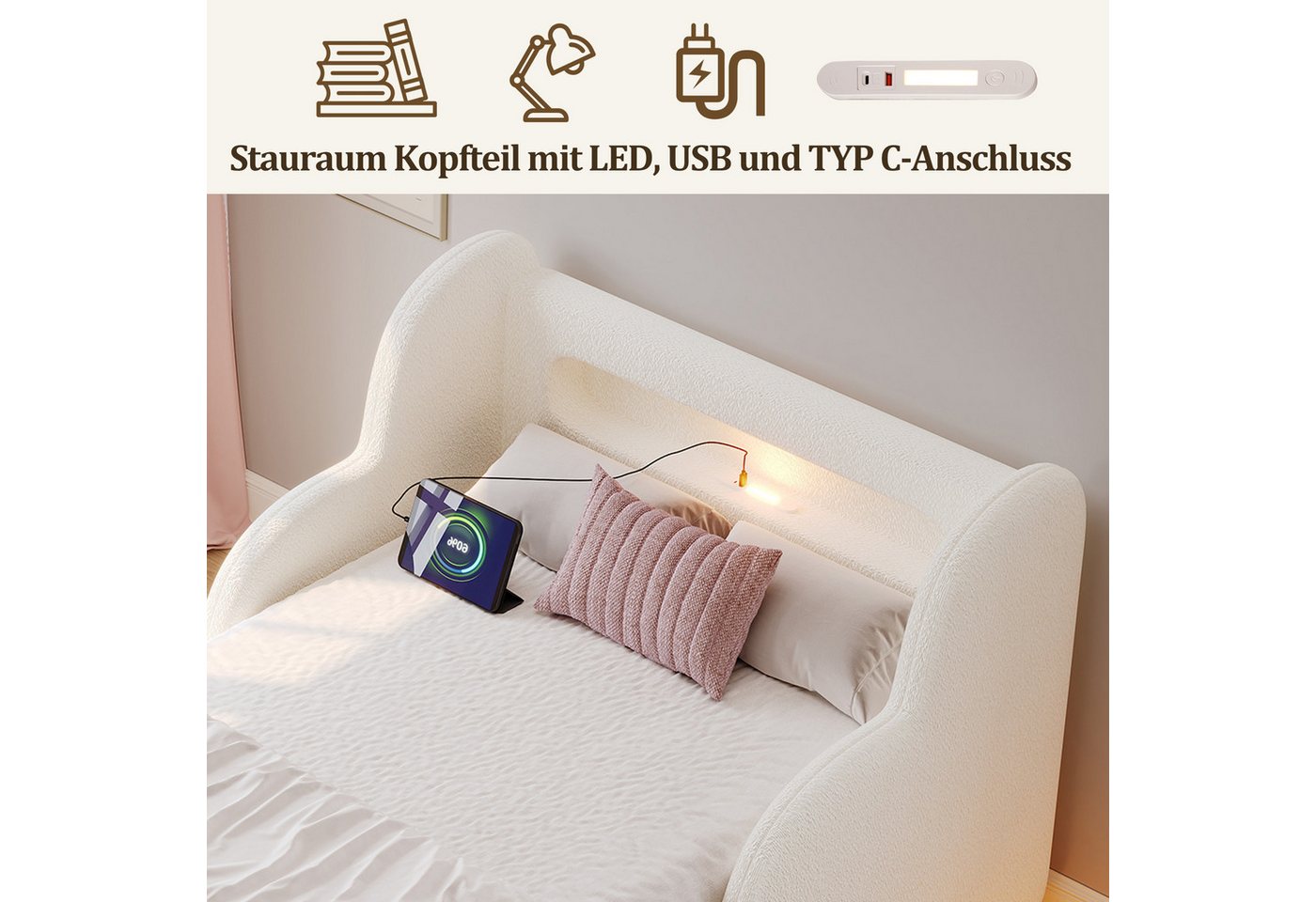 Flieks Polsterbett, Kinderbett 90x200cm mit Schutzgeländer, Nachtlicht, USB-Ladeanschluss – Bild 4 von 5