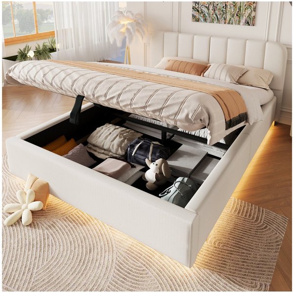 Flieks Polsterbett, Hydraulisches Stauraumbett Doppelbett 140x200cm mit LED-Lichtleiste