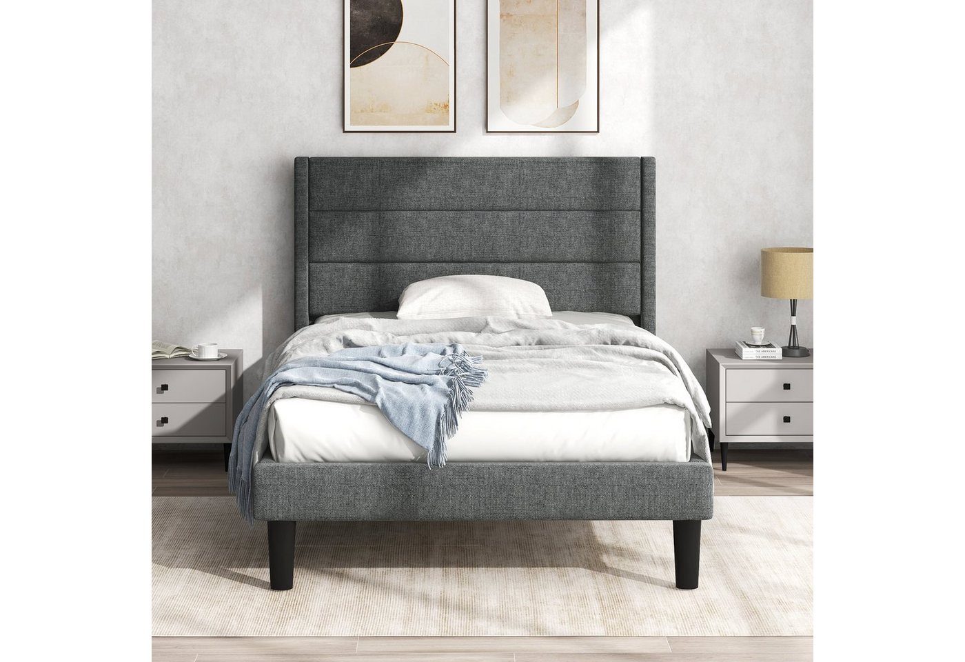 Flieks Polsterbett, Holzbett Einzelbett mit Lattenrost Leinen 90x200cm – Bild 2 von 5