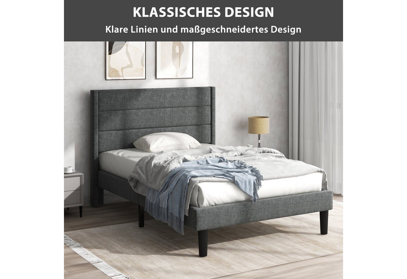 Flieks Polsterbett, Holzbett Einzelbett mit Lattenrost Leinen 90x200cm – Bild 3 von 5