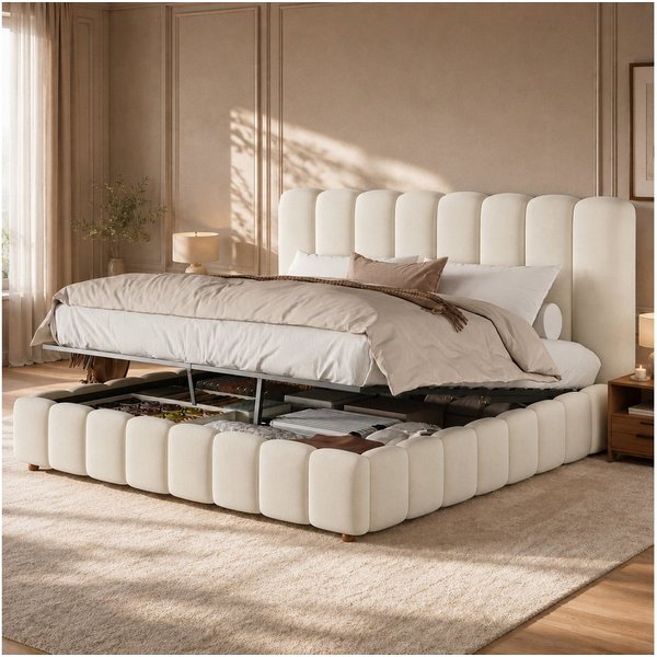 Flieks Polsterbett, Hydraulisches Stauraumbett Designerbett 160x200cm mit Polster-Kopfteil