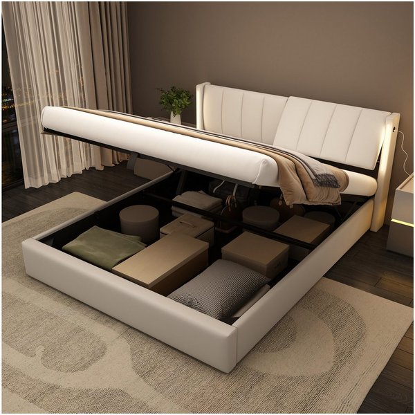 Flieks Polsterbett, LED Stauraumbett Doppelbett mit USB/ Verstellbarem Kopfteil 140x200cm