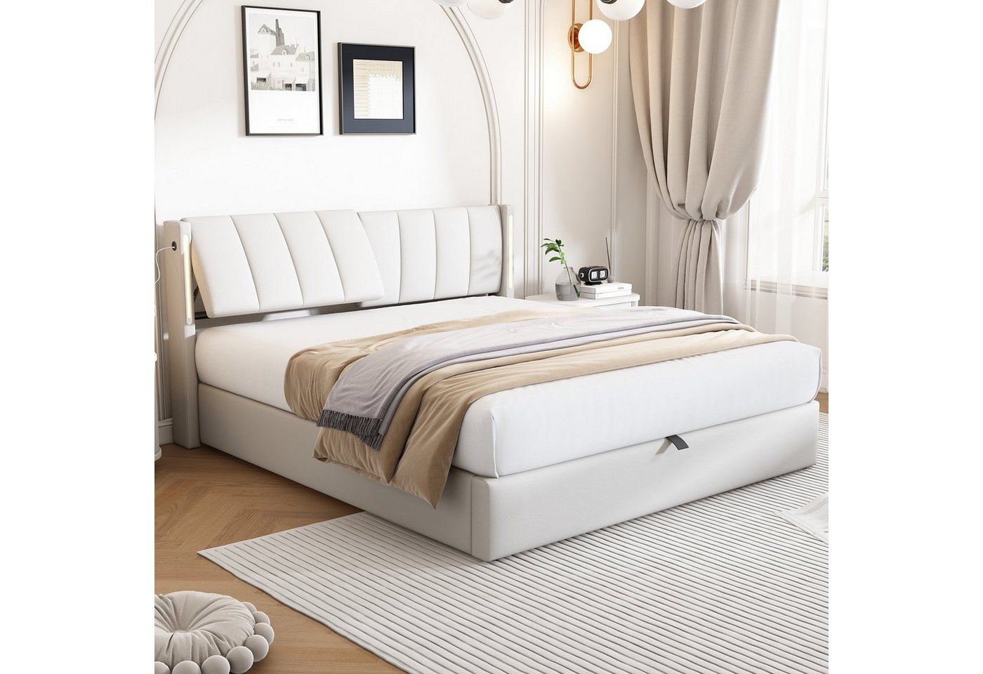 Flieks Polsterbett, LED Stauraumbett Doppelbett mit USB/ Verstellbarem Kopfteil 140x200cm – Bild 2 von 5
